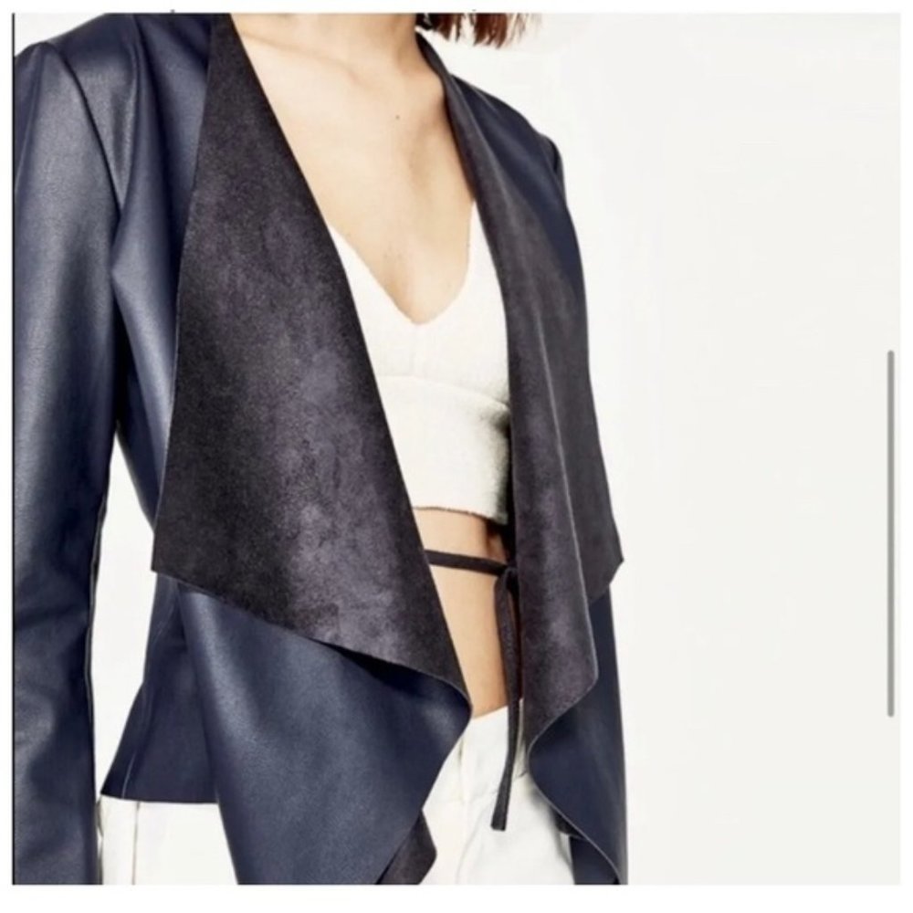 Zara Navy Blue Faux Leather / Suede Waterfall OPen Blazer Jacket